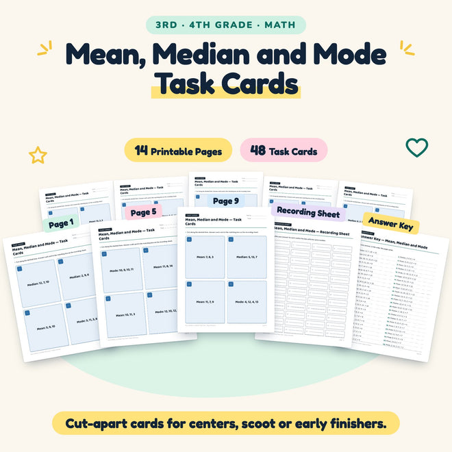 Mean, Median and Mode Task Cards | 3rd–4th Grade (48 Cards) — cover