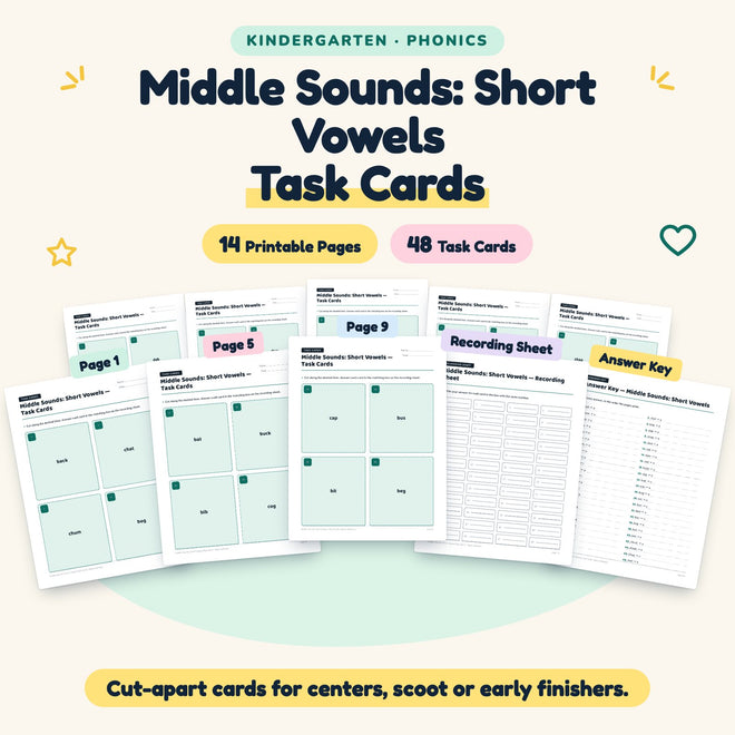 Middle Sounds Task Cards | Kindergarten Phonics (48 Cards) — cover