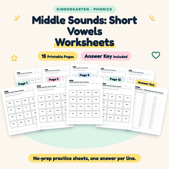 Middle Sounds Worksheets | Kindergarten Phonics (14 Pages) — cover