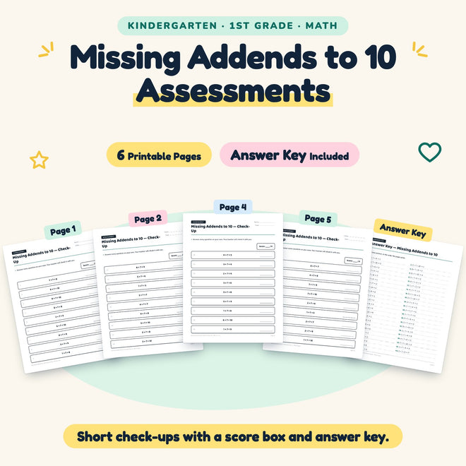 Missing Addends to 10 Assessments | K–1st Grade (6 Pages) — cover
