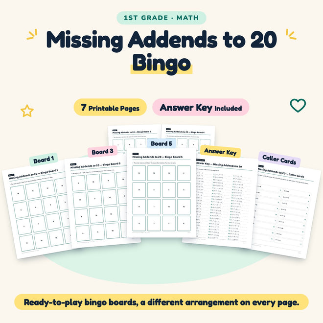 Missing Addends to 20 Bingo | 1st Grade Math (7 Pages) — cover