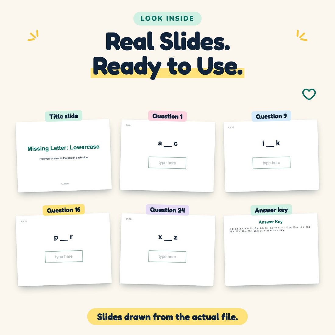 Missing Letter: Lowercase digital deck: look inside