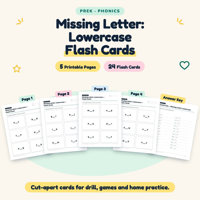 Missing Letter: Lowercase Flash Cards | Preschool (24 Cards) — cover