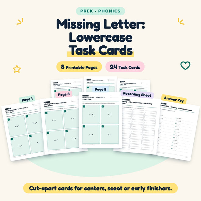 Missing Letter: Lowercase Task Cards | Preschool (24 Cards) — cover