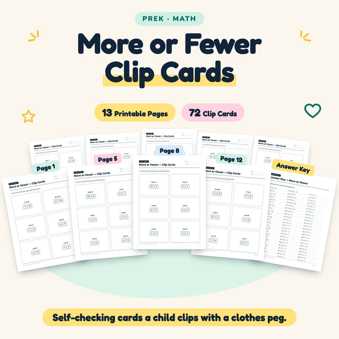 More or Fewer Clip Cards | Preschool Math (72 Cards) — cover