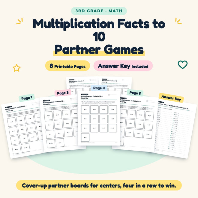 Multiplication Facts to 10 Partner Games | 3rd Grade Math — cover
