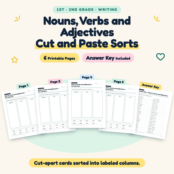 Nouns, Verbs and Adjectives Cut and Paste Sorts | 1st–2nd Grade — cover