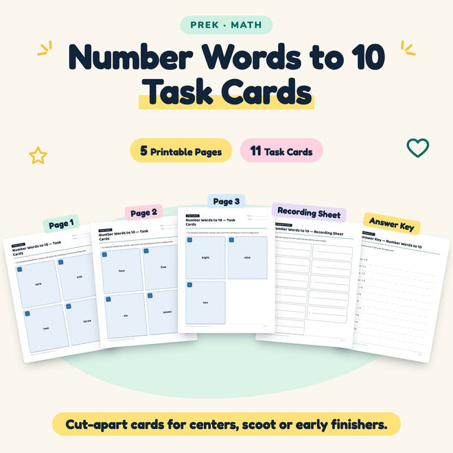 Number Words to 10 Task Cards | Preschool Math (11 Cards) — cover