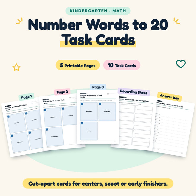 Number Words to 20 Task Cards | Kindergarten Math (10 Cards) — cover