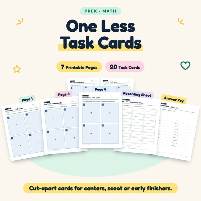 One Less Task Cards | Preschool Math (20 Cards) — cover