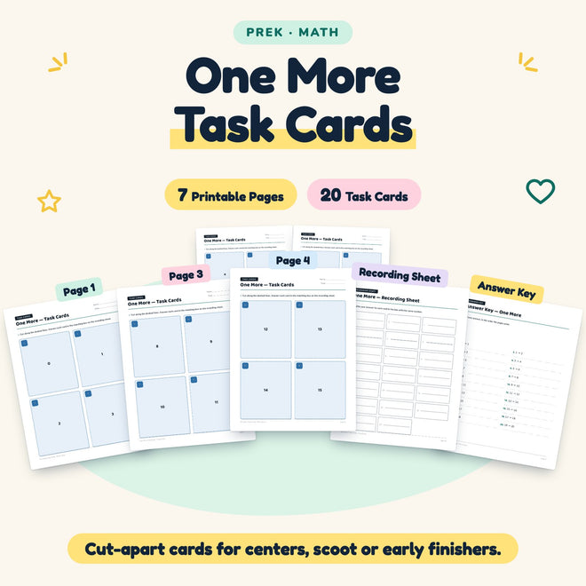 One More Task Cards | Preschool Math (20 Cards) — cover