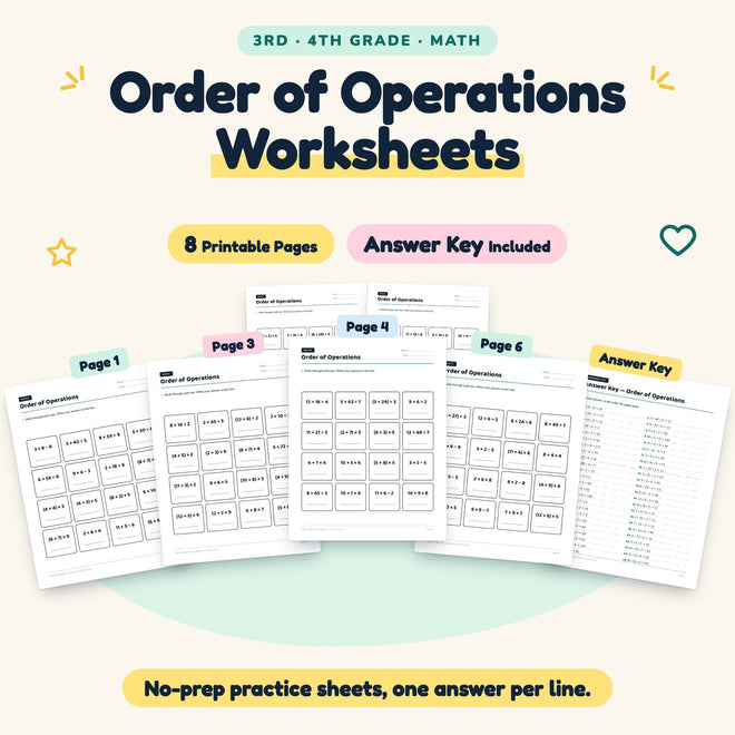 Order of Operations Worksheets | 3rd–4th Grade (8 Pages) — cover
