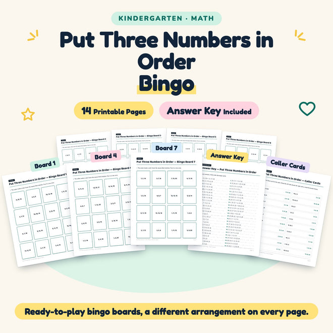 Put Three Numbers in Order Bingo | Kindergarten (6 Pages) — cover