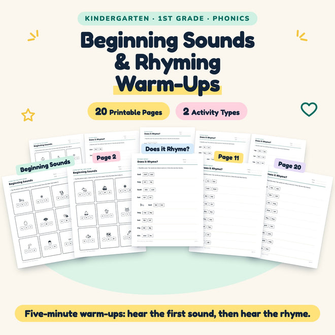 Beginning Sounds & Rhyming Worksheets | K–1st Grade (20 Pages) — cover