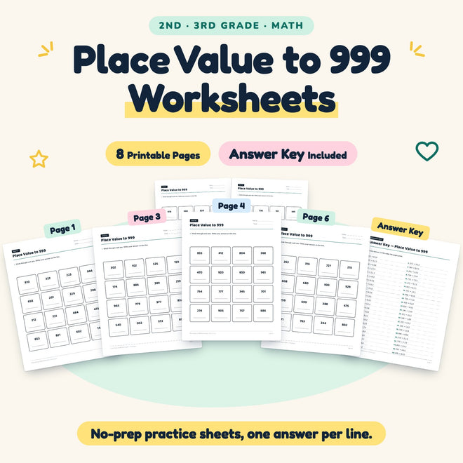 Place Value to 999 Worksheets | 2nd–3rd Grade Math (8 Pages) — cover
