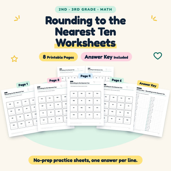 Rounding to the Nearest Ten Worksheets | 2nd–3rd Grade Math — cover
