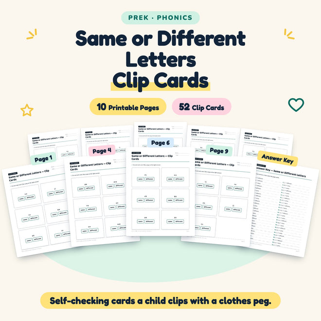 Same or Different Letters Clip Cards | Preschool (52 Cards) — cover