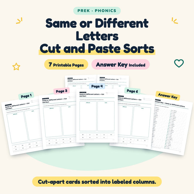 Same or Different Letters Cut and Paste Sorts | Preschool — cover