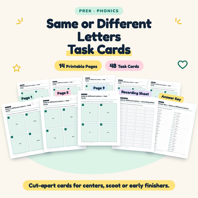 Same or Different Letters Task Cards | Preschool (48 Cards) — cover