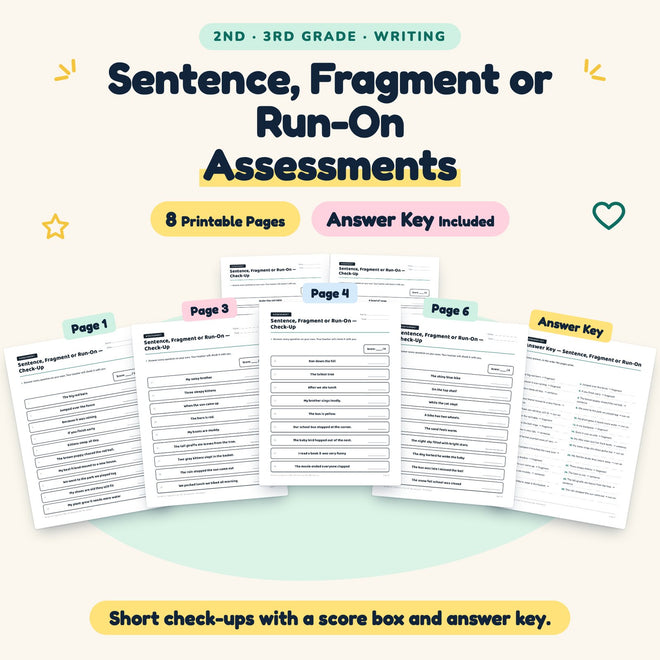 Sentence, Fragment or Run-On Assessments | 2nd–3rd Grade — cover