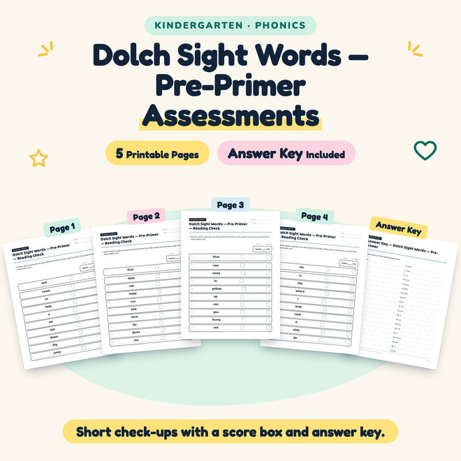 Dolch Pre-Primer Sight Words Assessments | Kindergarten — cover
