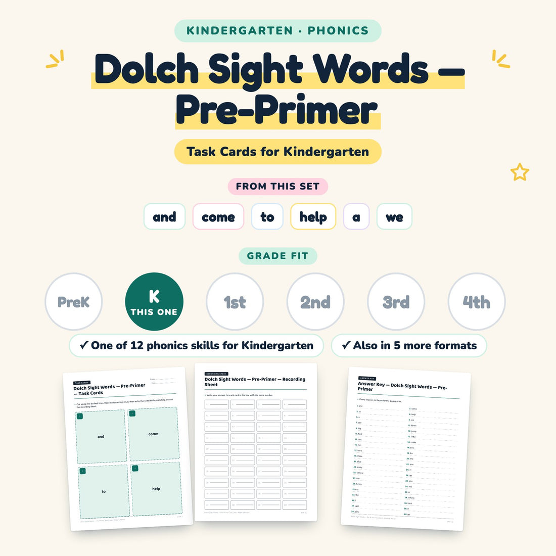 Dolch Sight Words — Pre-Primer: skill and grade fit