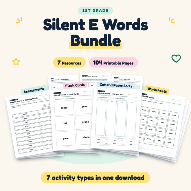 Silent E CVCe Words Bundle | 1st Grade Phonics (7 Resources) — cover