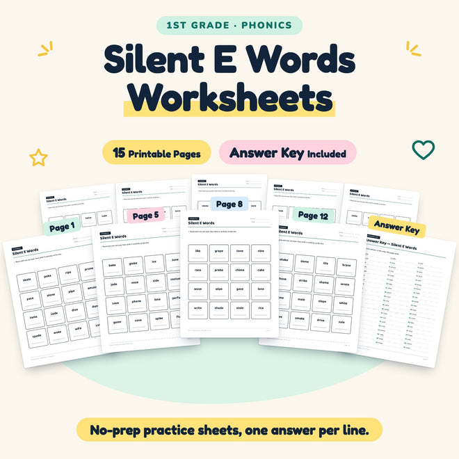Silent E CVCe Words Worksheets | 1st Grade Phonics (8 Pages) — cover