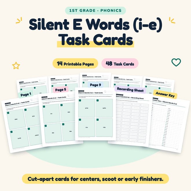Silent E CVCe Words (i-e) Task Cards | 1st Grade (26 Cards) — cover