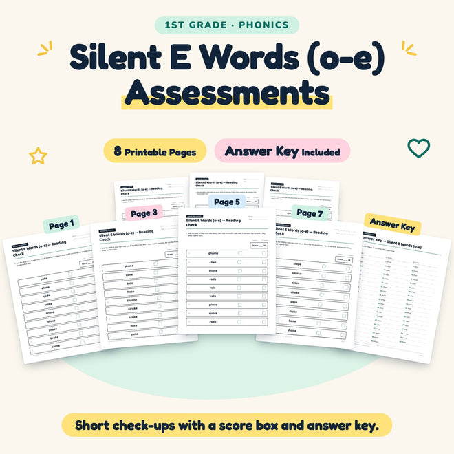 Silent E CVCe Words (o-e) Assessments | 1st Grade (3 Pages) — cover