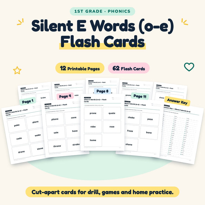 Silent E CVCe Words (o-e) Flash Cards | 1st Grade (20 Cards) — cover