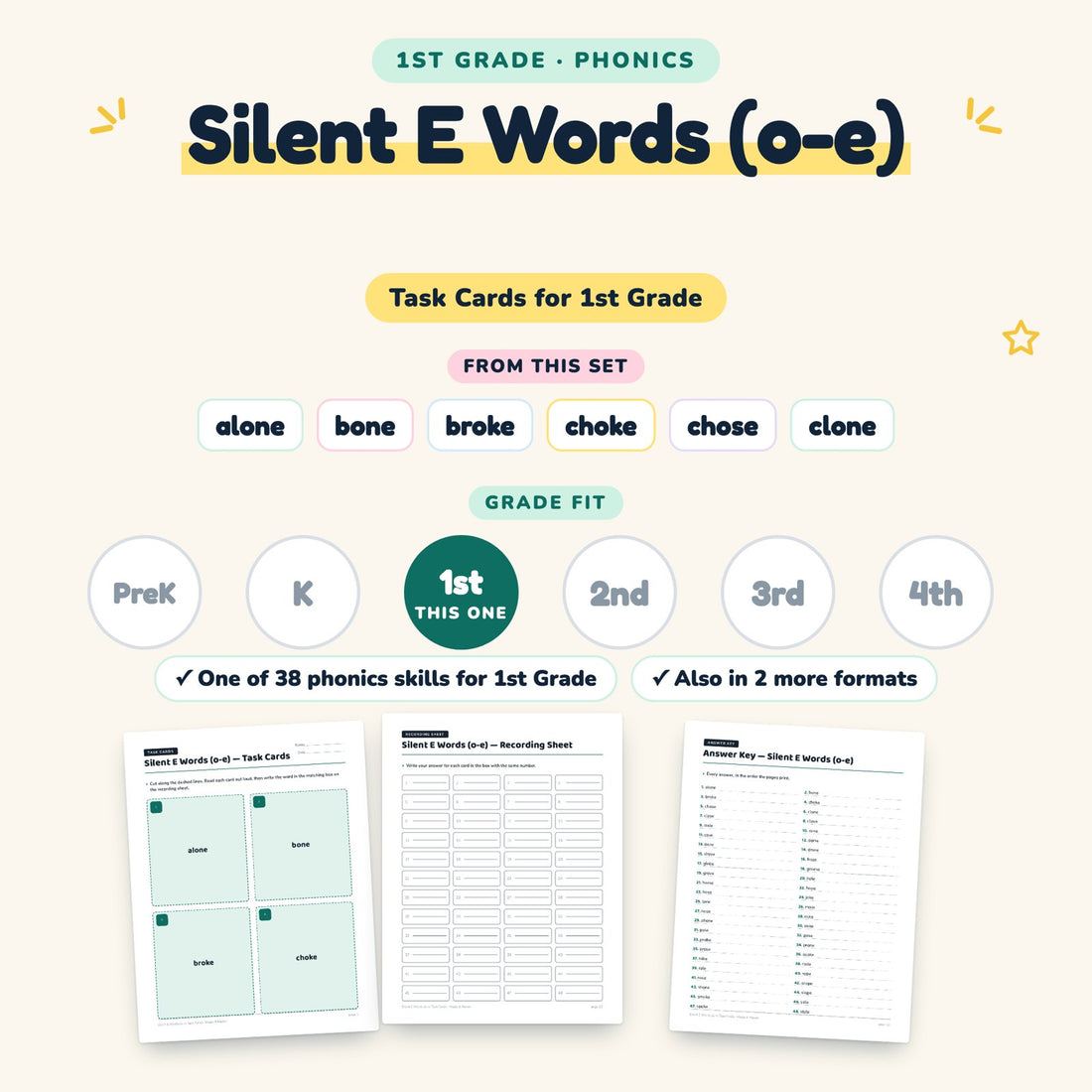 Silent E Words (o-e): skill and grade fit