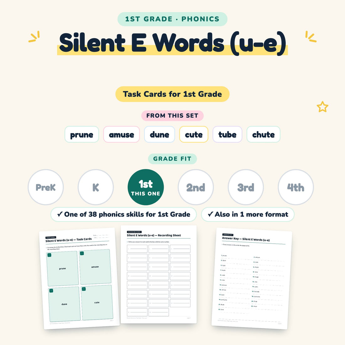 Silent E Words (u-e): skill and grade fit