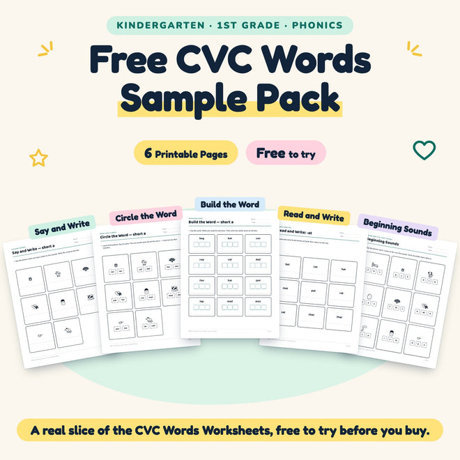FREE CVC Words Worksheets Sample | K–1st Grade (6 Pages) — cover