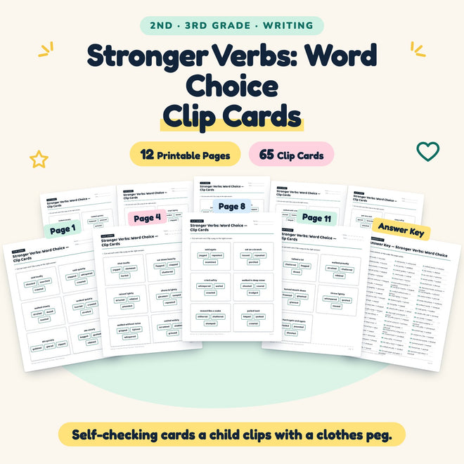 Stronger Verbs Clip Cards | 2nd–3rd Grade Writing (28 Cards) — cover