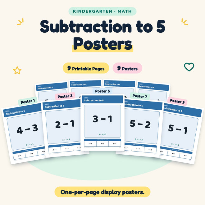 Subtraction to 5 Posters | Kindergarten Math (9 Posters) — cover