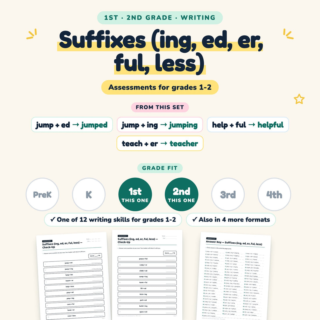 Suffixes (ing, ed, er, ful, less): skill and grade fit