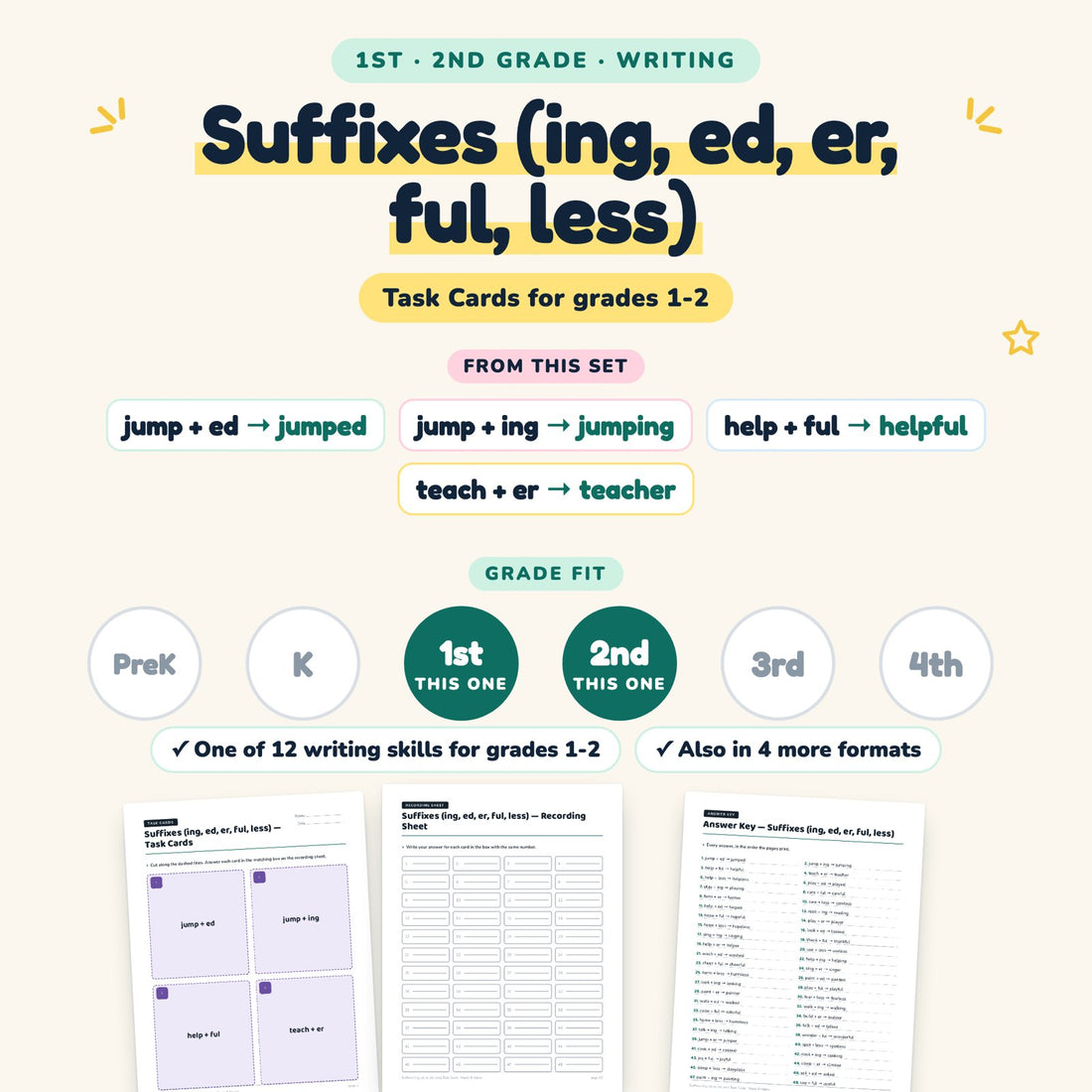 Suffixes (ing, ed, er, ful, less): skill and grade fit