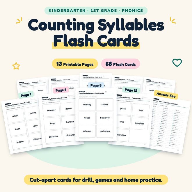 Counting Syllables Flash Cards | K–1st Grade (28 Cards) — cover