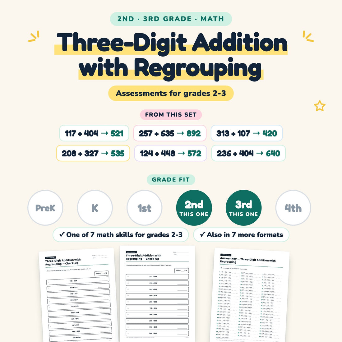 Three-Digit Addition with Regrouping: skill and grade fit
