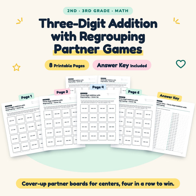Three-Digit Addition with Regrouping Partner Games | 2nd–3rd Grade — cover