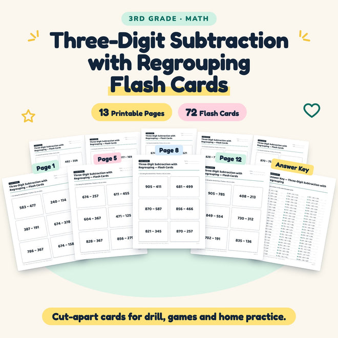 Three-Digit Subtraction with Regrouping Flash Cards | 3rd Grade — cover