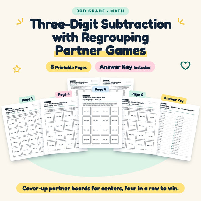 Three-Digit Subtraction with Regrouping Partner Games | 3rd Grade — cover