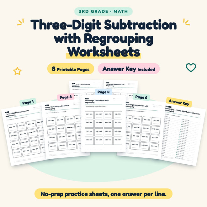 Three-Digit Subtraction with Regrouping Worksheets | 3rd Grade — cover