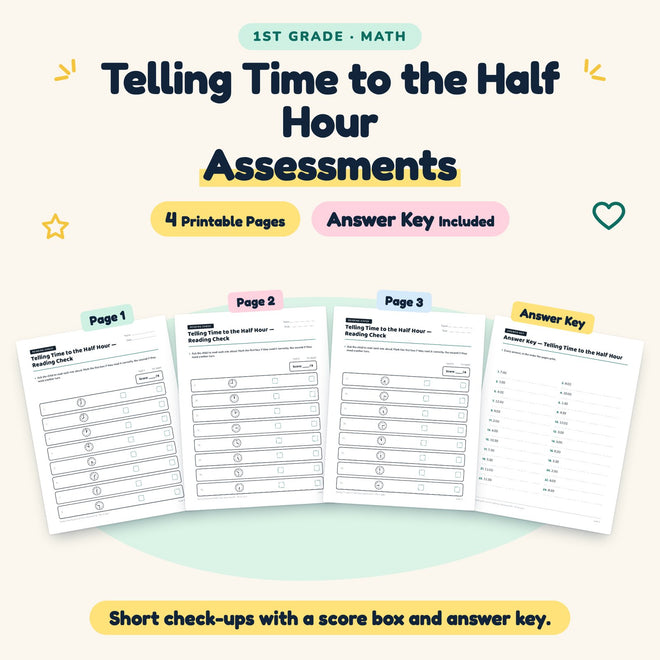 Telling Time to the Half Hour Assessments | 1st Grade Math — cover