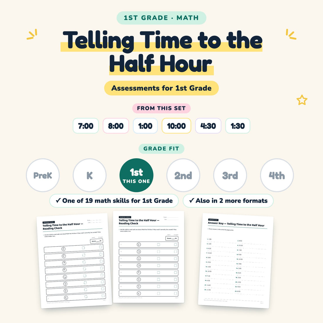 Telling Time to the Half Hour: skill and grade fit