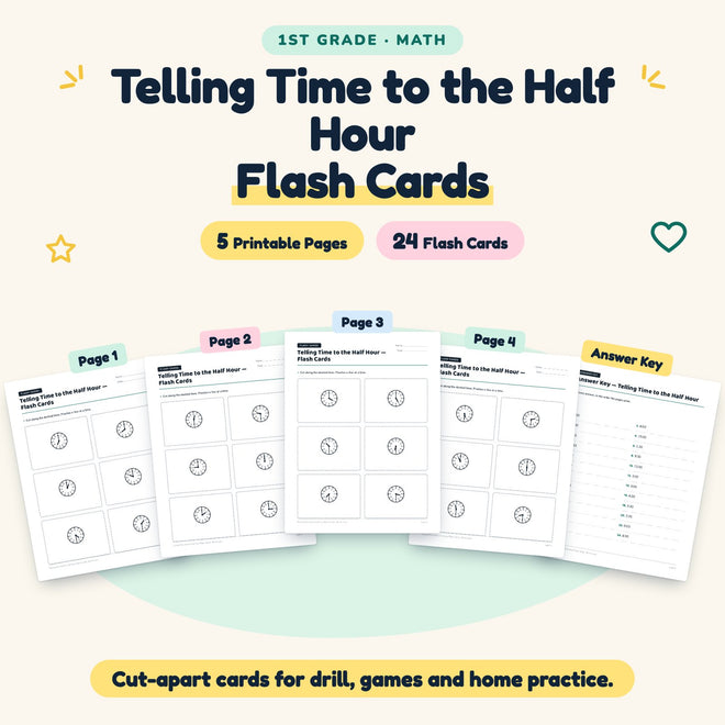 Telling Time to the Half Hour Flash Cards | 1st Grade Math — cover
