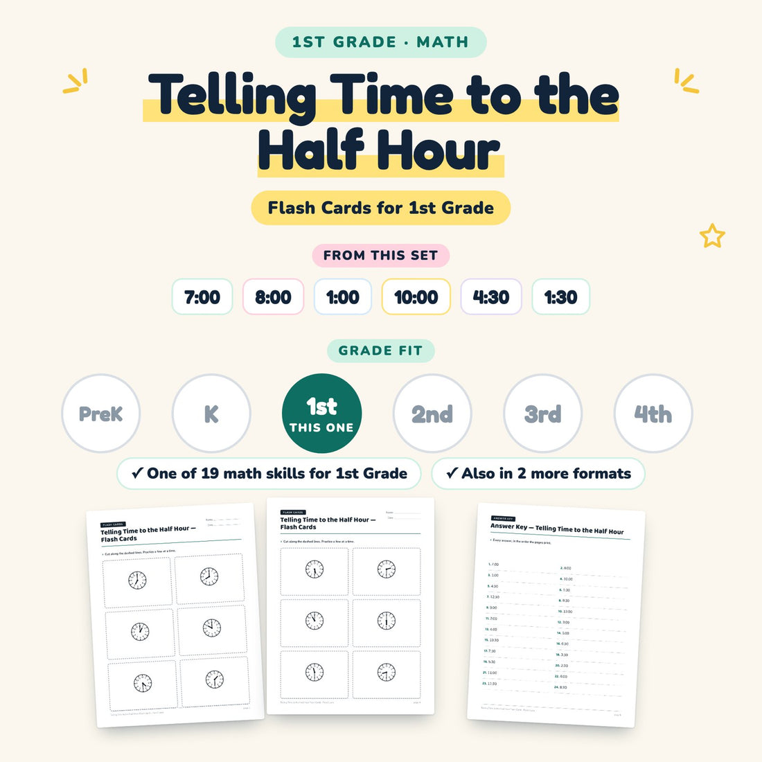 Telling Time to the Half Hour: skill and grade fit