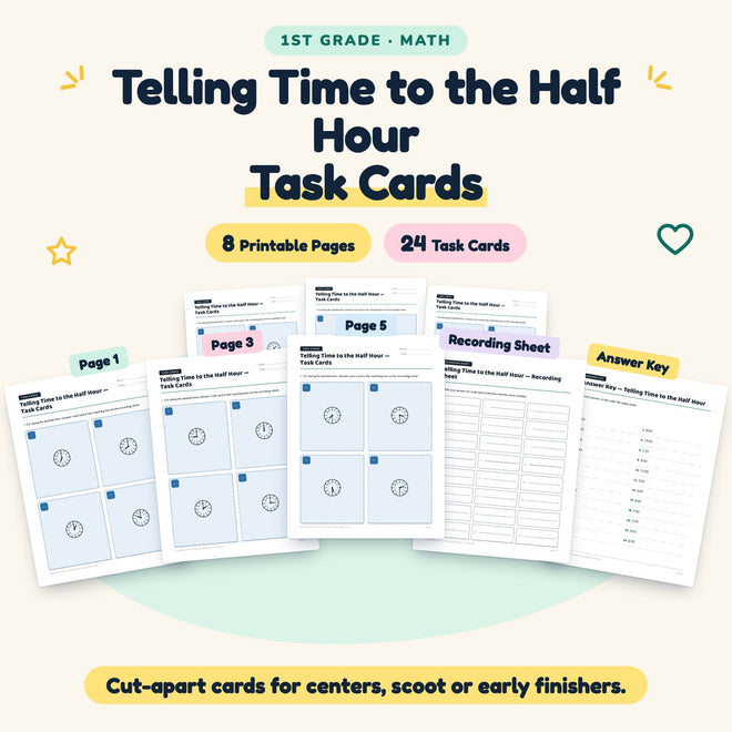 Telling Time to the Half Hour Task Cards | 1st Grade Math — cover