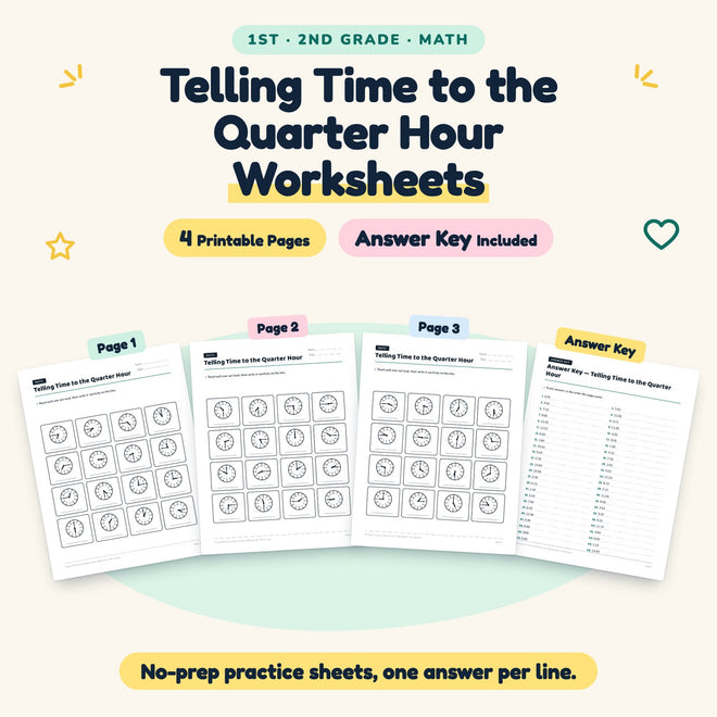 Telling Time to the Quarter Hour Worksheets | 1st–2nd Grade — cover